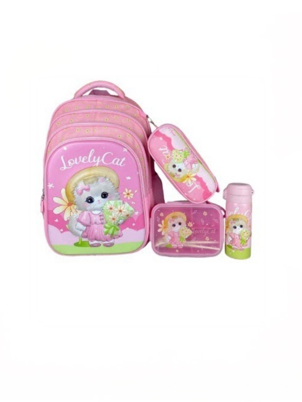 LovelyCat Pink Kids Backpack Set with Lunchbox, Pencil Case & Bottle
